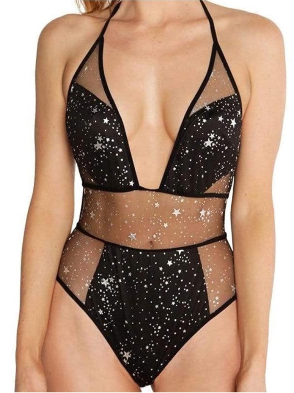 iHeartRaves Black Sheer Star Mesh One-Piece